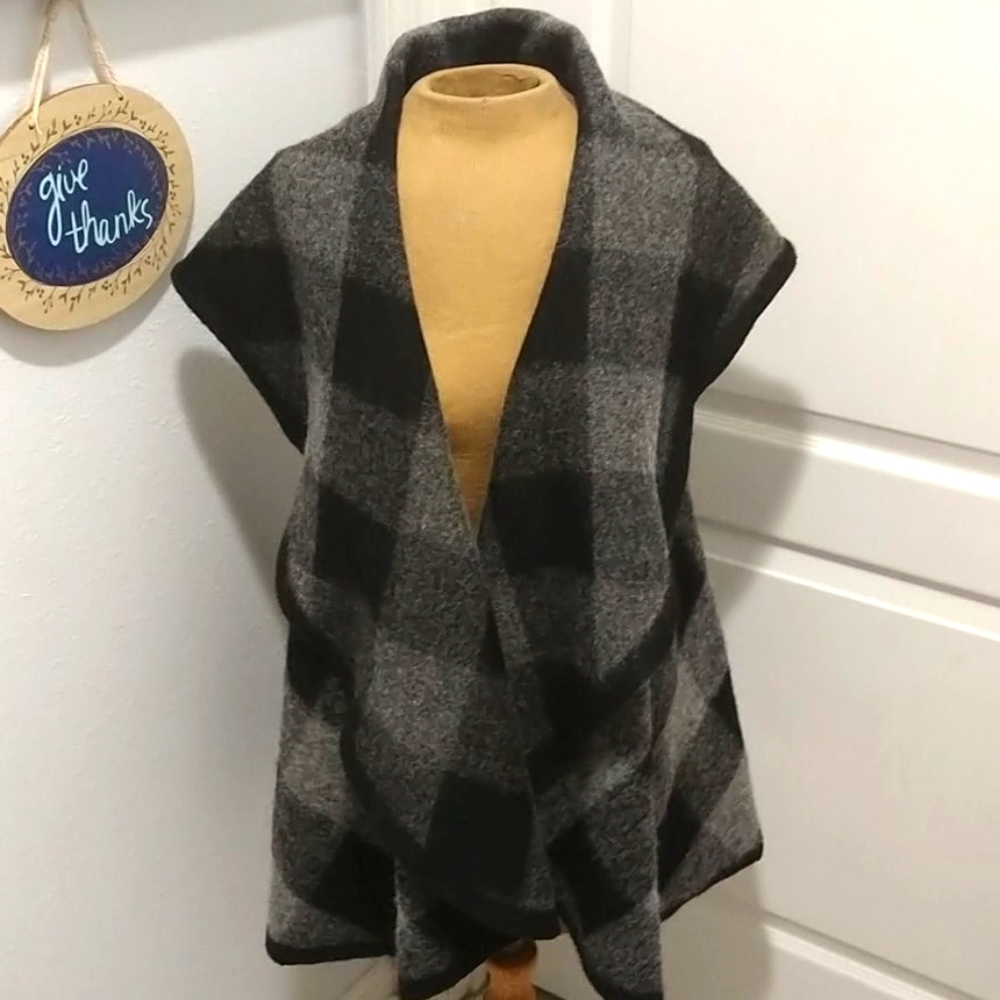 Amita Black/Gray Plaid Shawl Sweater